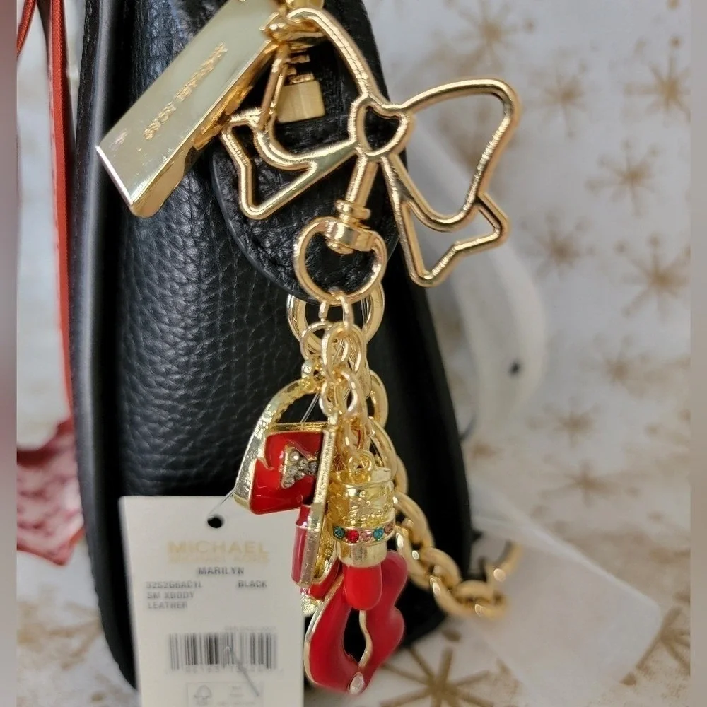 Michael Kors Crossbody Black Leather Bag Scarf and Charm‎